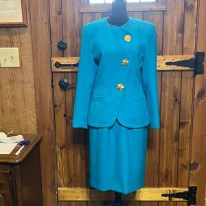Vintage Kasper for A.S.L. Blue green two piece skirt suit size 4